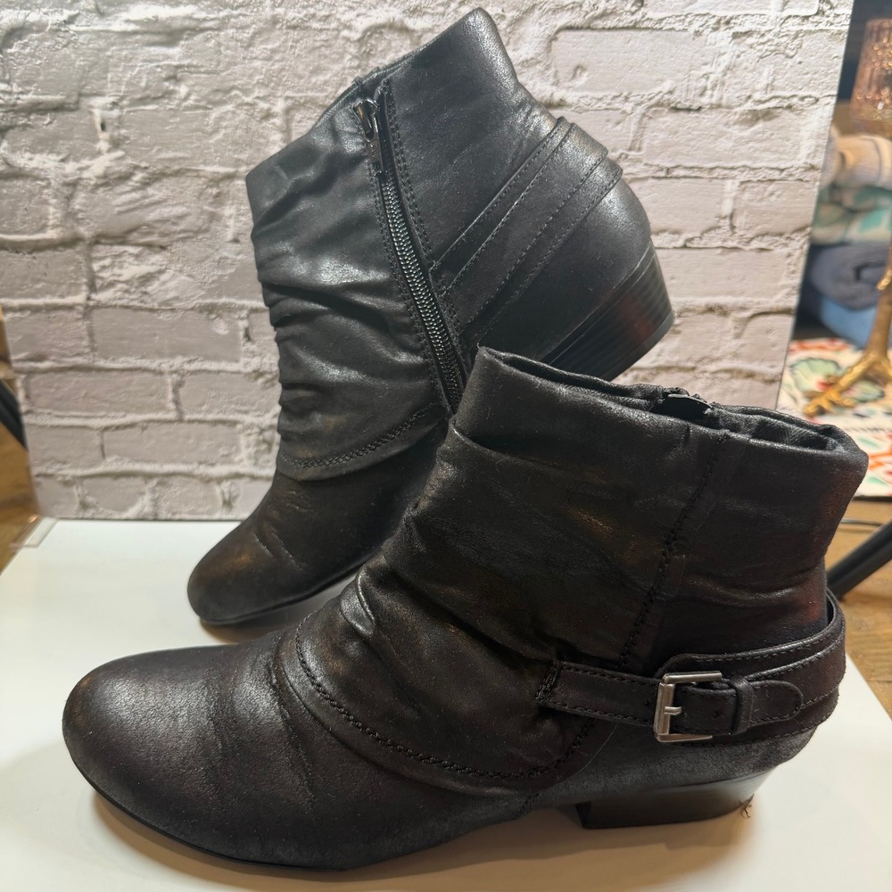 Kim Rogers Tanya Black Ankle Boots Women's 10M Ruched Buckle Side Zip Classic